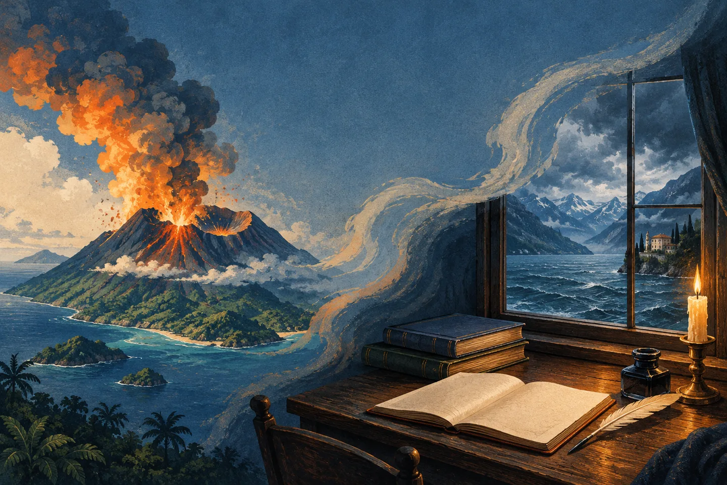 Una erupción volcánica y un escritorio del siglo XIX ante un lago alpino bajo la tormenta.