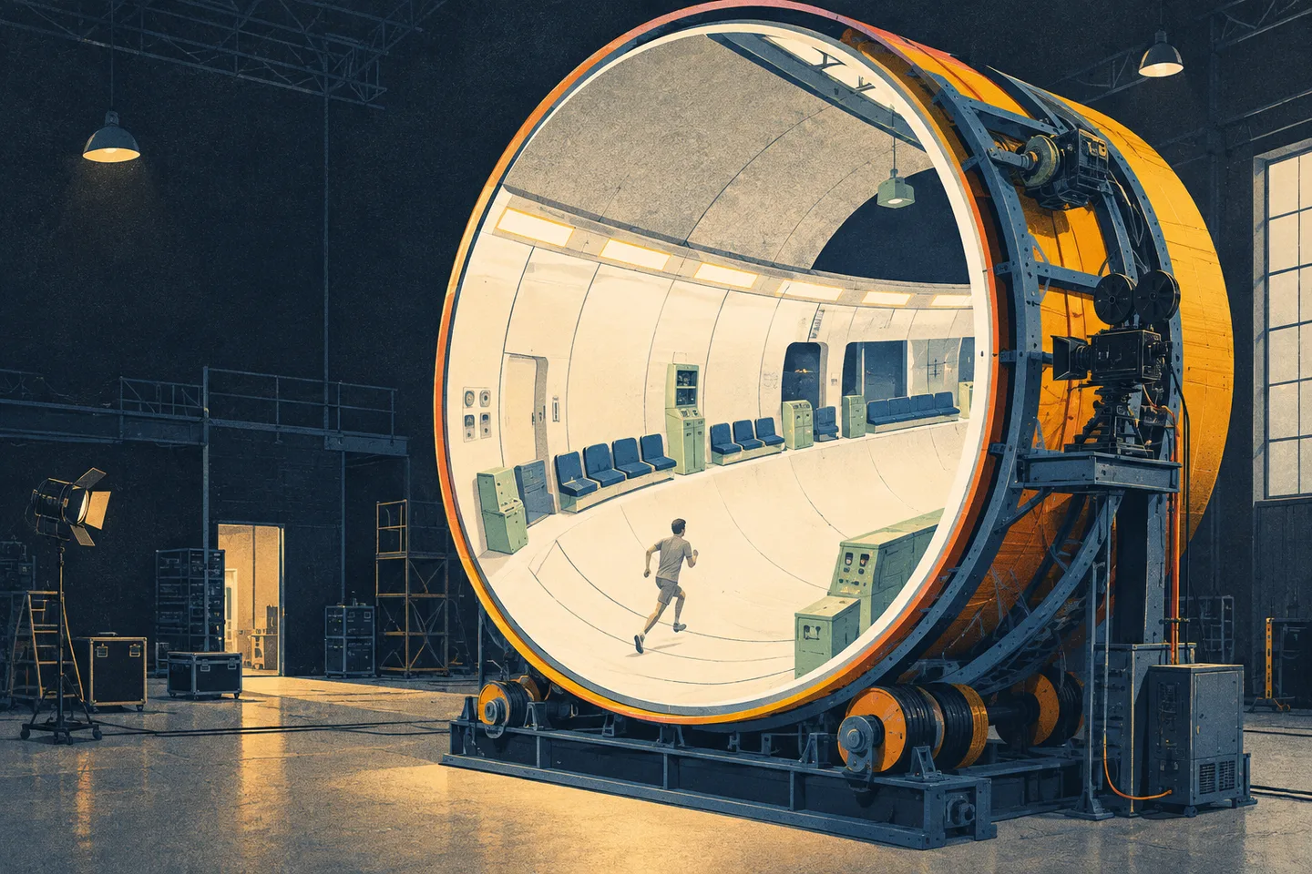 Ilustración de un decorado circular giratorio con un corredor abajo y su mecanismo visible en un estudio de cine.