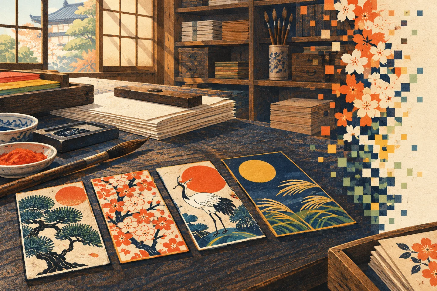 Cartas hanafuda con flores y animales sobre una mesa de taller japonés, con motivos que se transforman en píxeles.