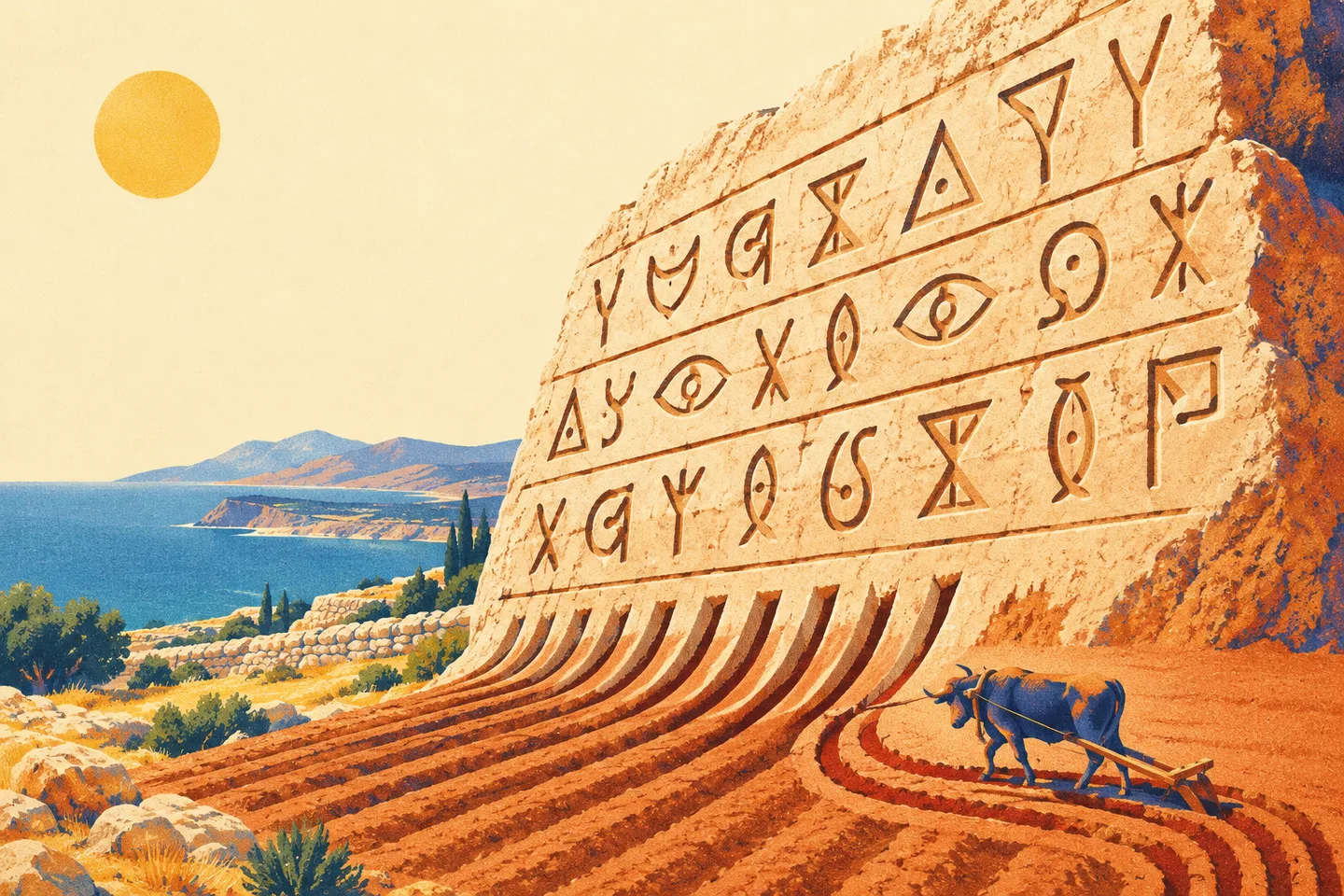 Piedra con signos alternados que se transforma en surcos recorridos por un buey con arado.