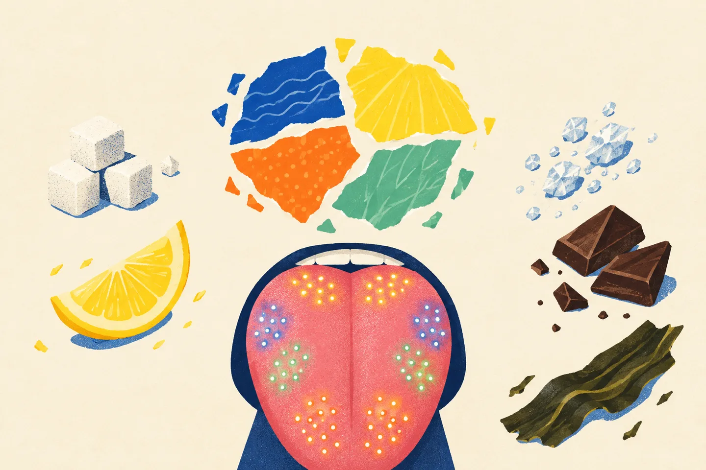 Lengua rodeada de alimentos y un mapa de colores roto, con receptores repartidos por su superficie.