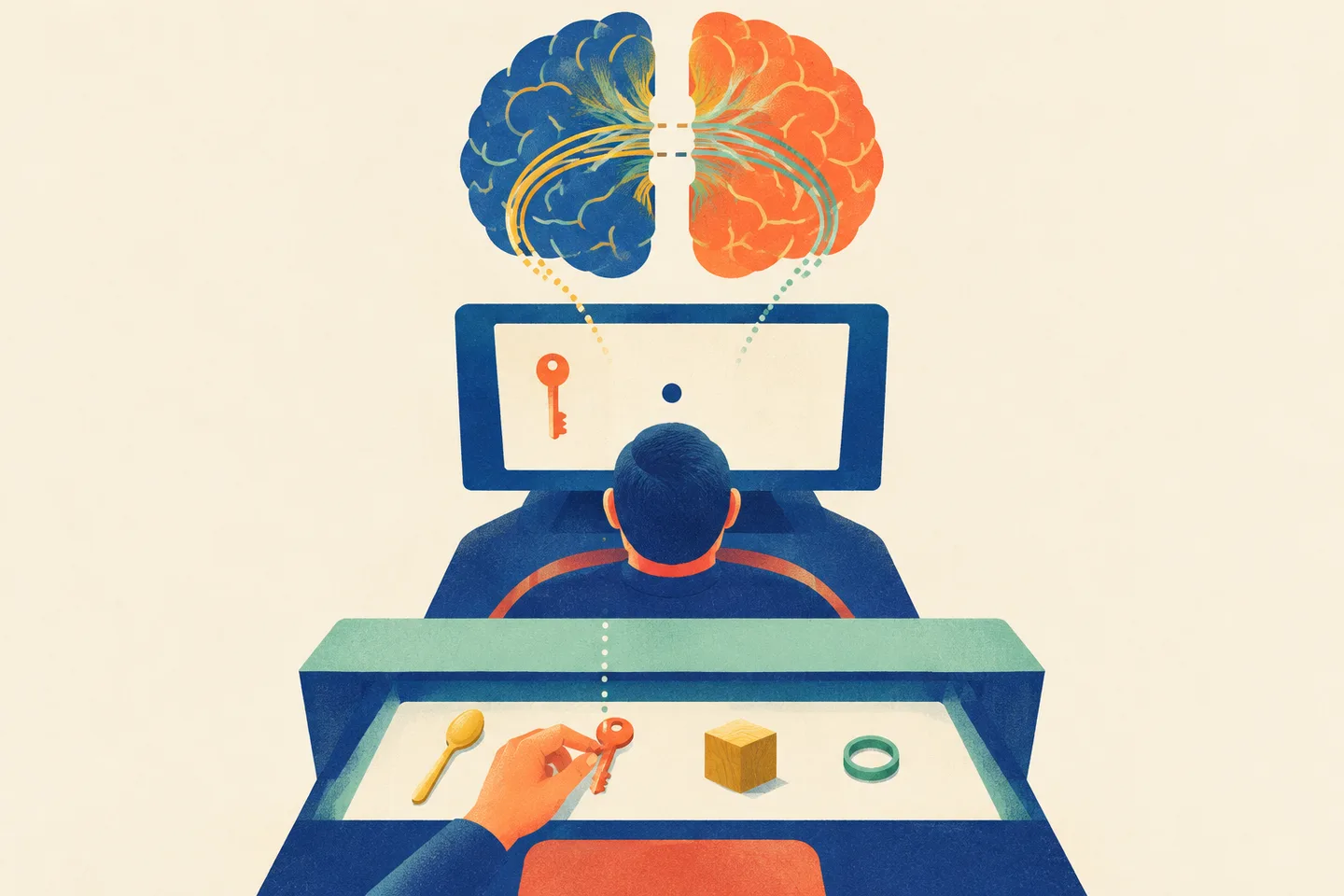 Ilustración de una prueba visual con una mano que selecciona una llave y un cerebro con la conexión central interrumpida.