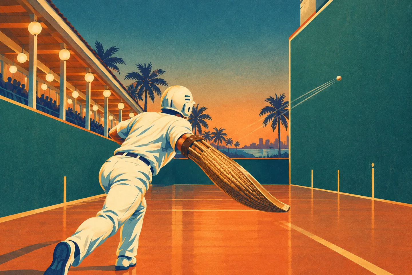 Pelotari con una cesta de mimbre lanzando la pelota en un frontón de Miami de estética retro.