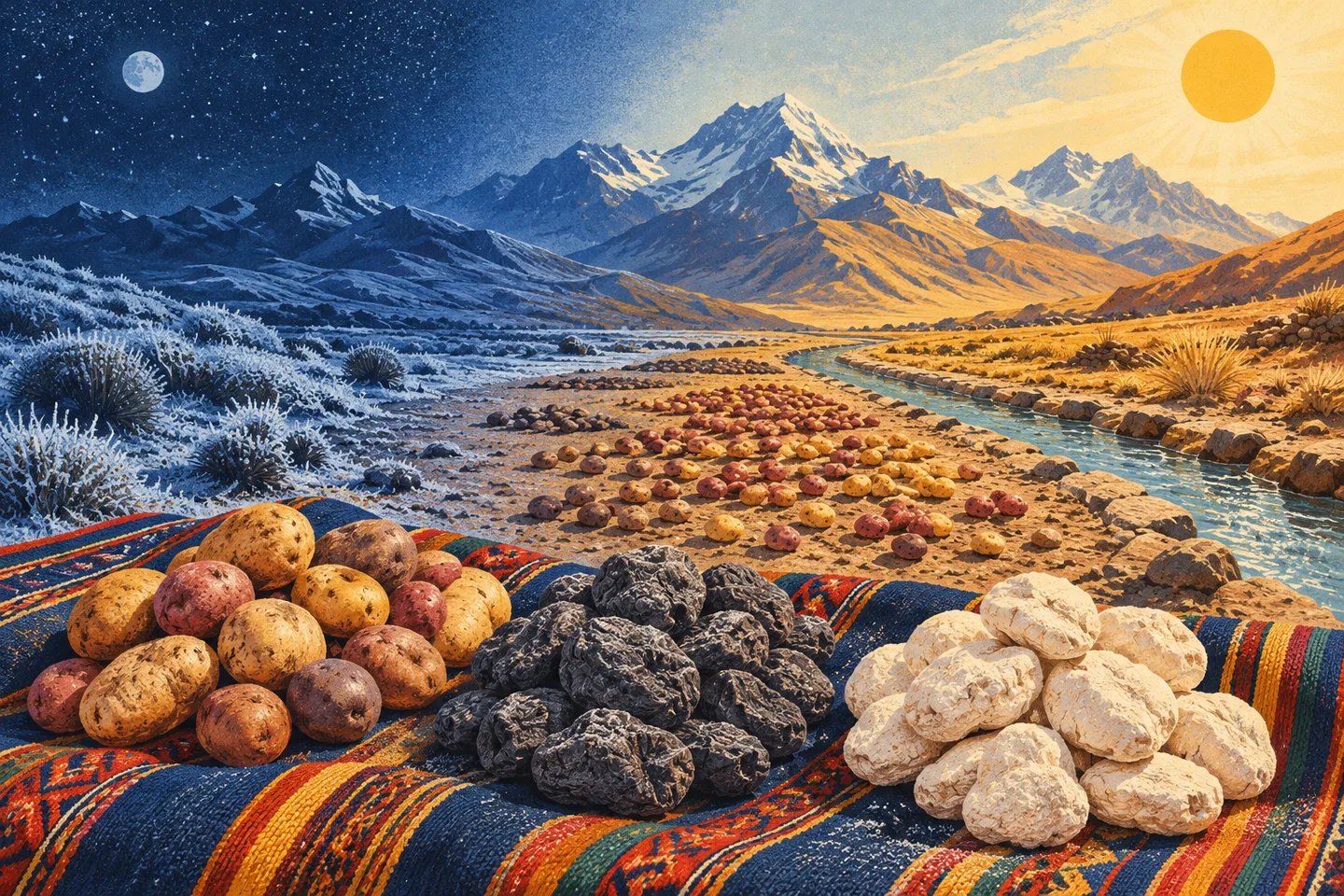 Ilustración del altiplano con patatas, chuño negro y tunta blanca entre una noche helada y un día soleado.