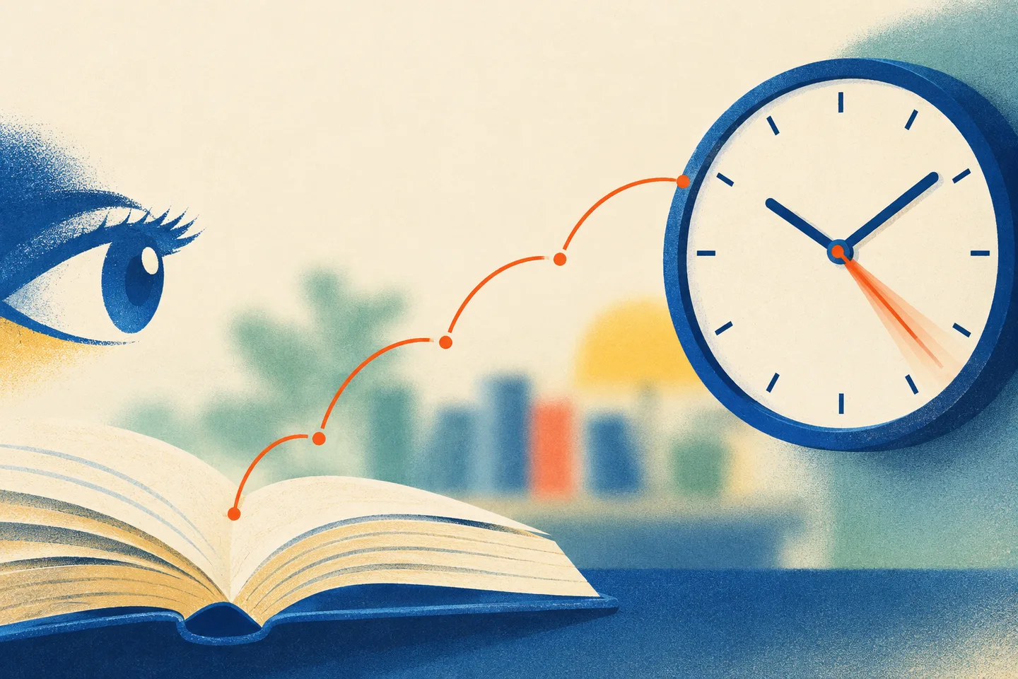 Ilustración de un ojo que pasa de un libro a un reloj cuyo segundero deja una estela alargada.