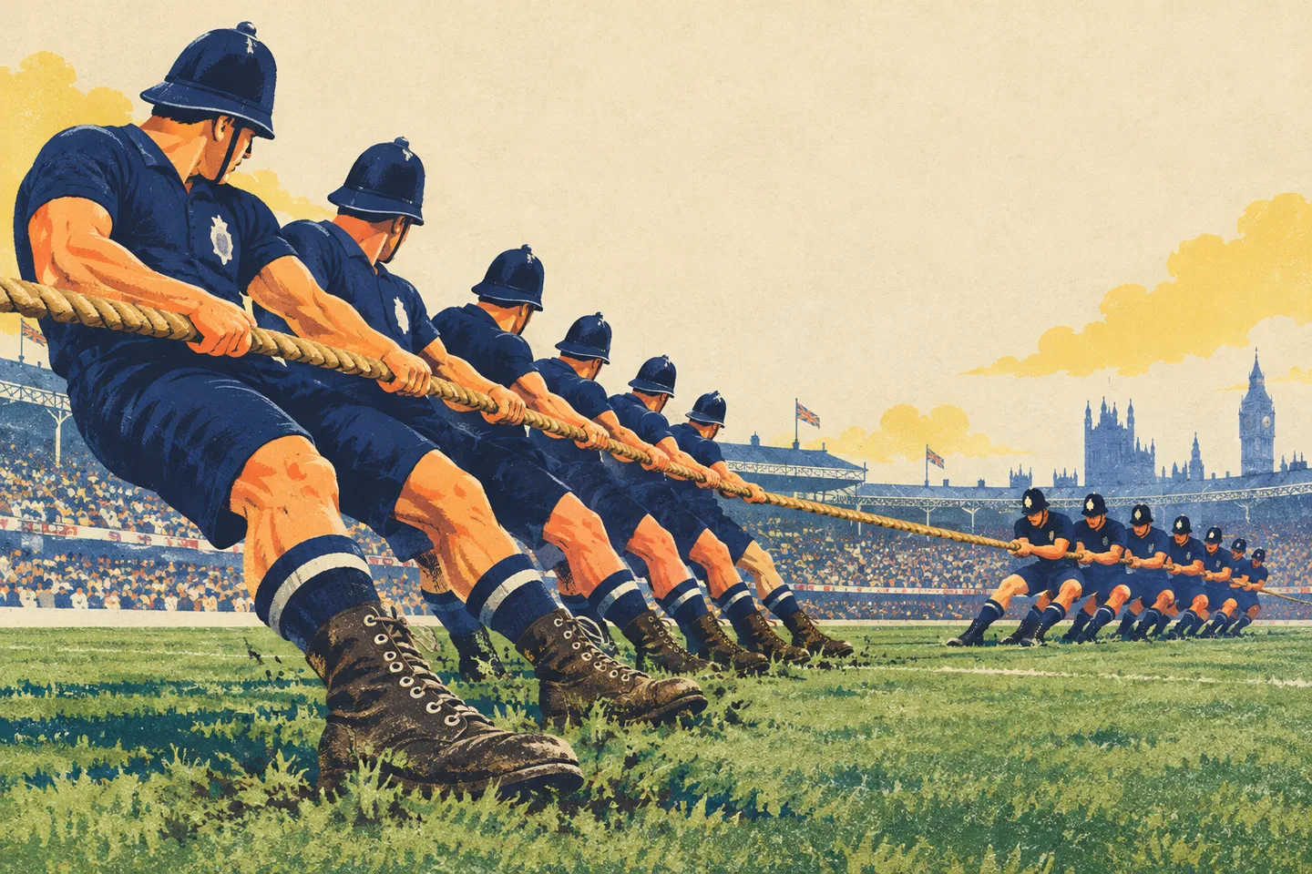 Ilustración de dos equipos de policías tirando de una cuerda en un estadio de principios del siglo XX.