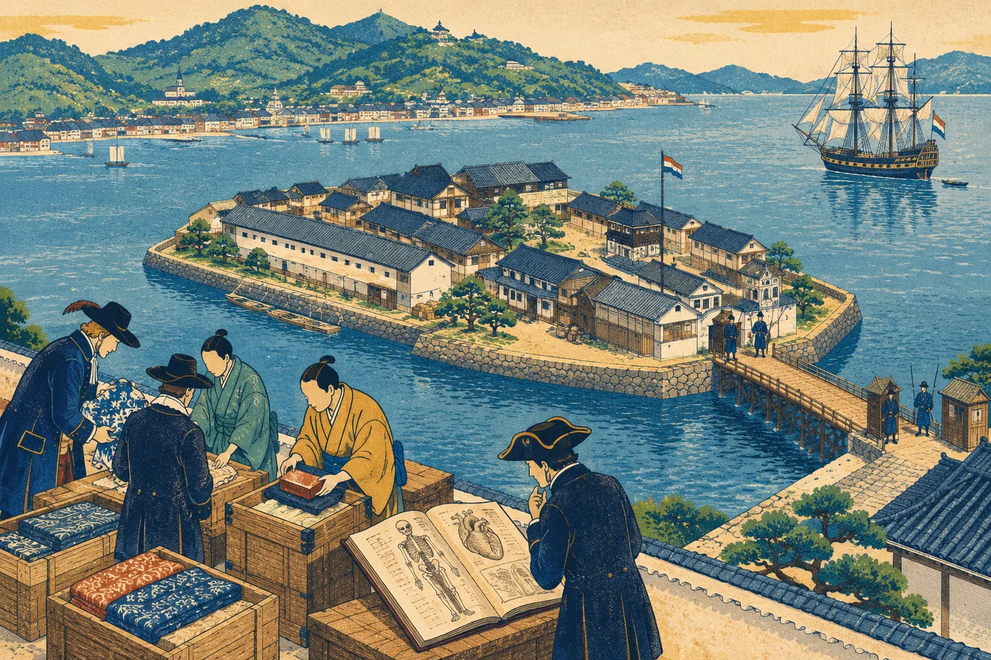 Ilustración de Dejima con sus almacenes, el puente vigilado y comerciantes junto a mercancías y un libro de anatomía.