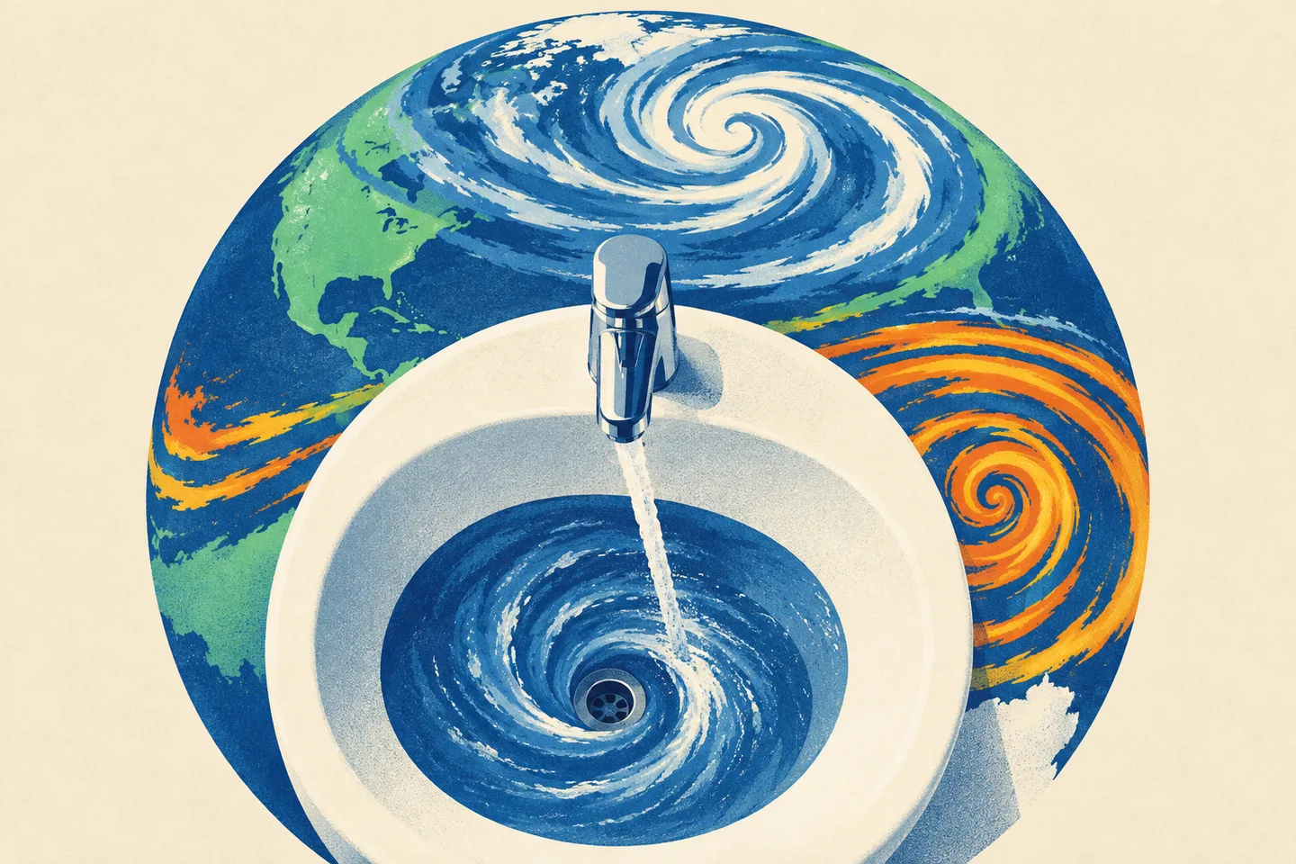 Ilustración de un lavabo con un remolino y la Tierra al fondo con grandes espirales atmosféricas.