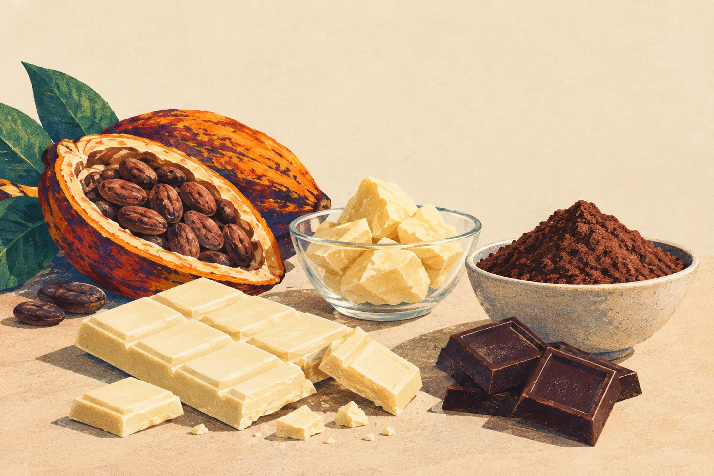Chocolate blanco junto a una mazorca de cacao, manteca de cacao y cacao en polvo.
