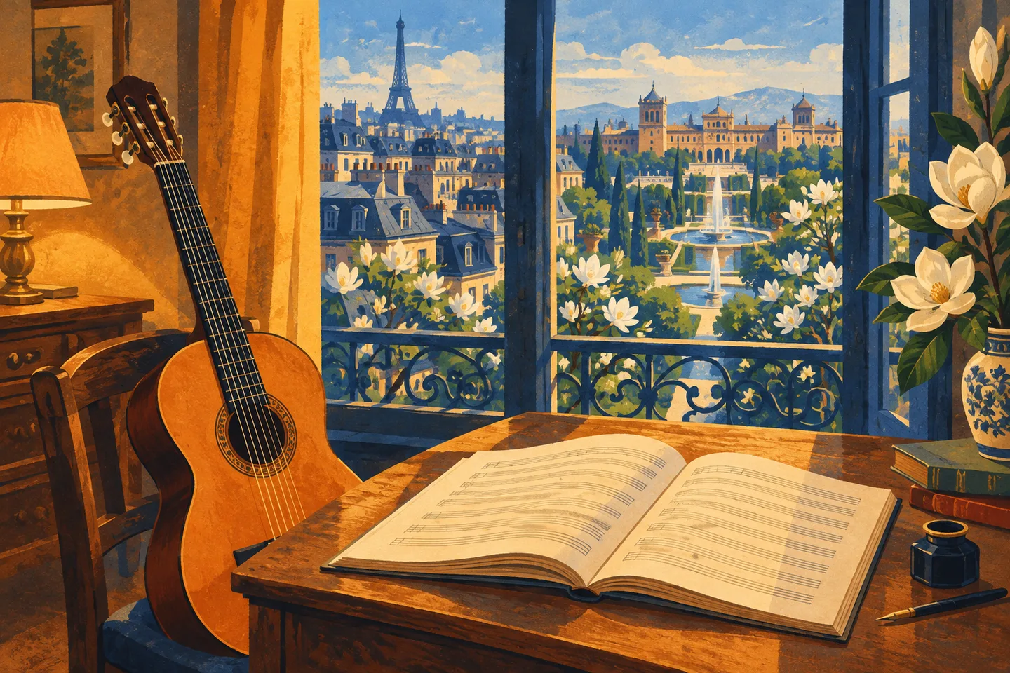 Una guitarra y una partitura junto a una ventana que une los tejados de París con los jardines de Aranjuez.