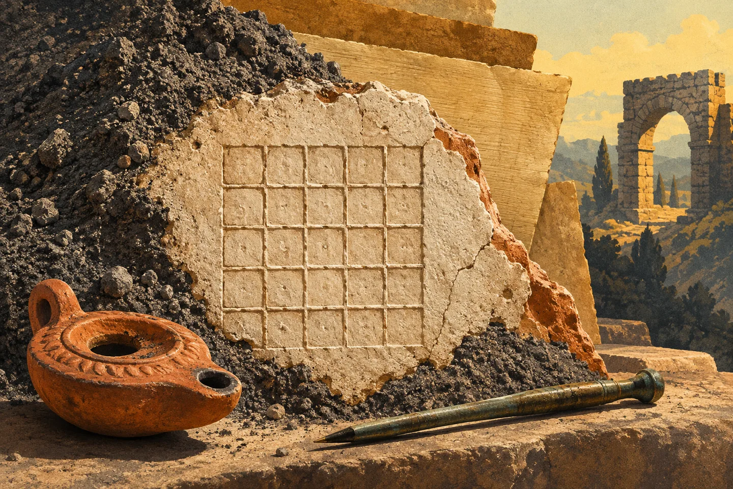 Ilustración de una cuadrícula sobre yeso romano, con ceniza volcánica, una lámpara y pergaminos al fondo.
