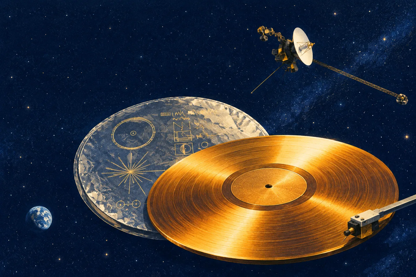 Un disco dorado y su aguja junto a una sonda Voyager, con la Tierra al fondo.
