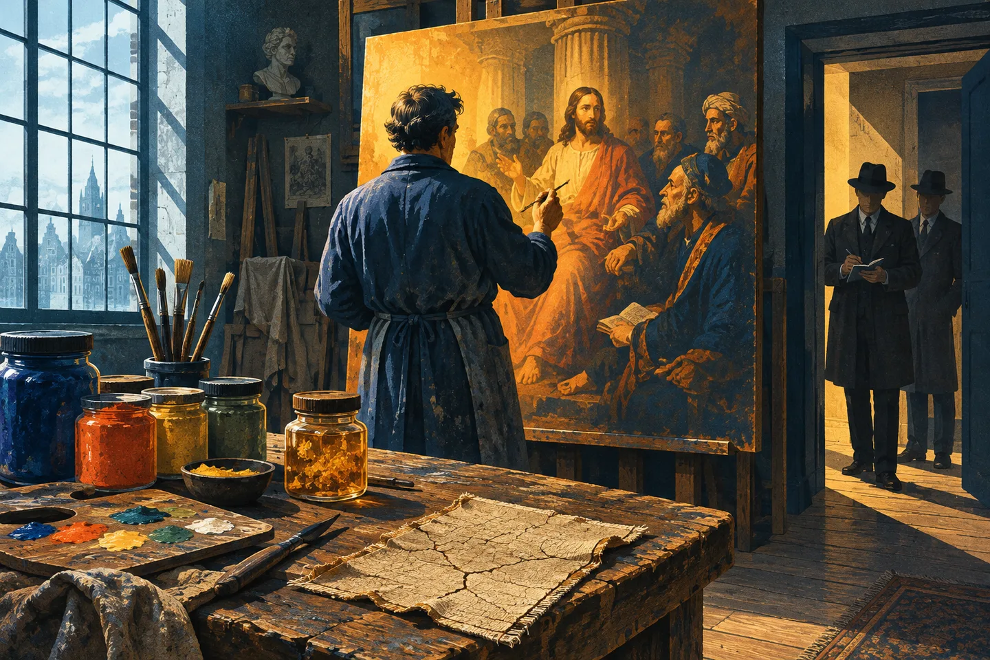 Un pintor trabaja en una escena bíblica mientras dos funcionarios lo vigilan en un taller de 1945.
