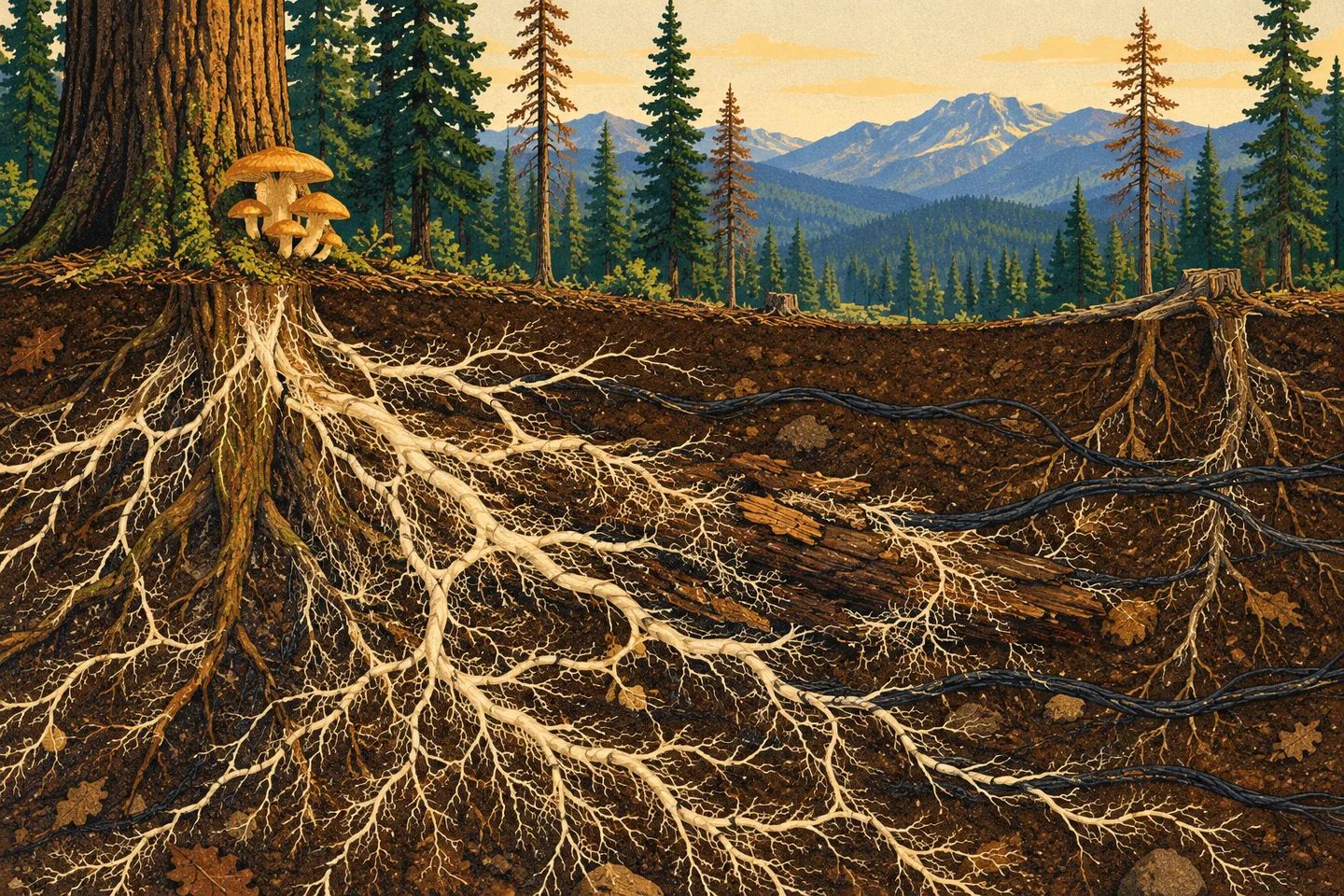 Ilustración en corte de un bosque de Oregón, con setas en la superficie y una extensa red fúngica entre las raíces.