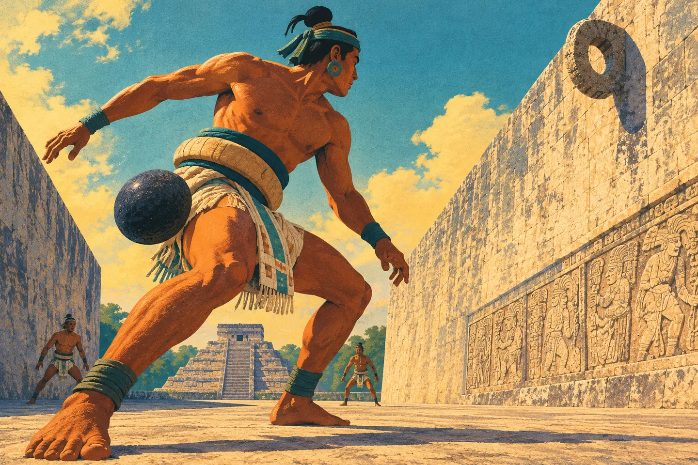 Jugador maya golpeando una pelota de caucho con la cadera en la cancha monumental de Chichén Itzá.