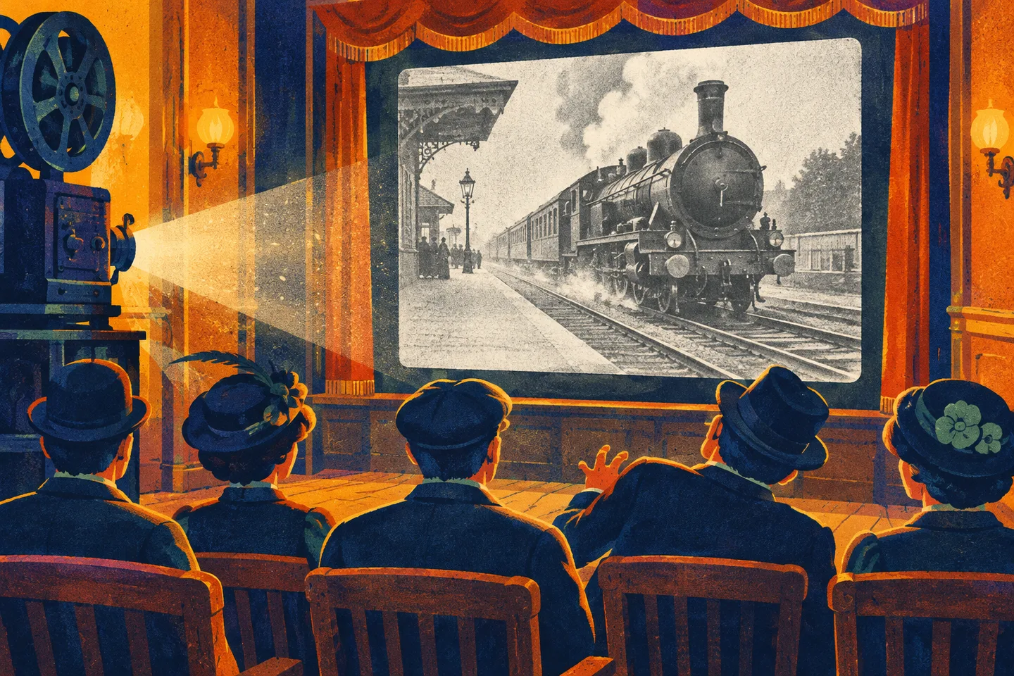 Ilustración de un cine antiguo con espectadores sentados ante la proyección de una locomotora.