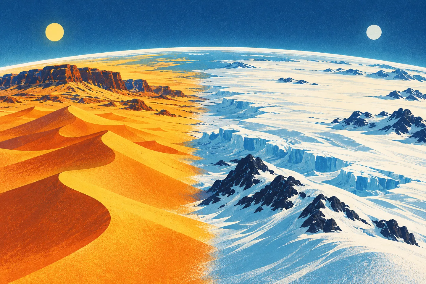 Ilustración que contrapone las dunas del Sáhara con una extensa superficie de hielo antártico.