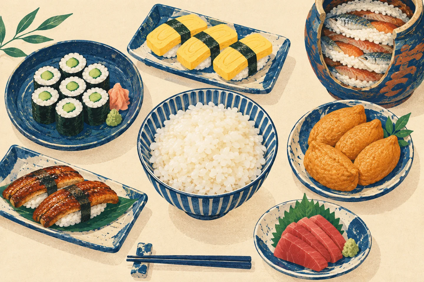 Ilustración de varios tipos de sushi, un plato separado de sashimi y una vasija con pescado y arroz.