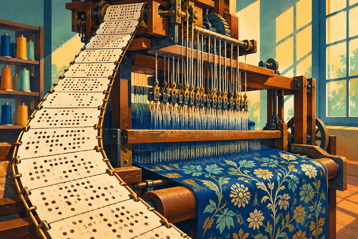 Telar de Jacquard con una cadena de tarjetas perforadas y una tela de seda con motivos vegetales.