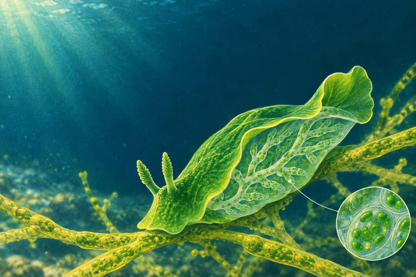 Ilustración de Elysia chlorotica sobre un alga, con un corte que muestra cloroplastos en su aparato digestivo.