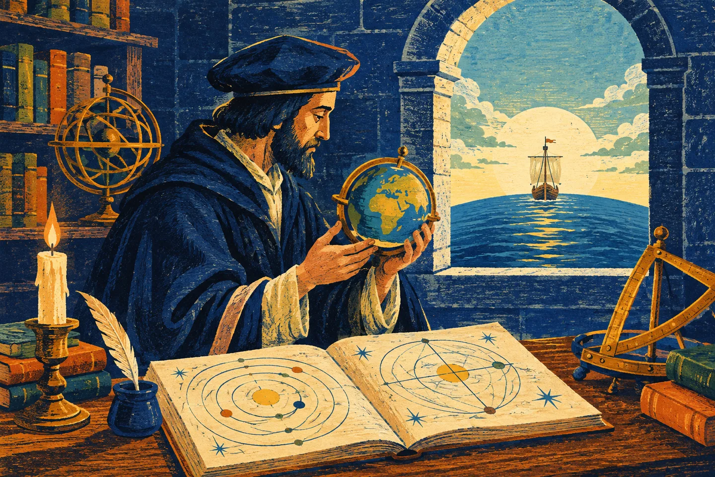 Un estudioso medieval sostiene una esfera junto a un manuscrito astronómico, con un barco en el horizonte.