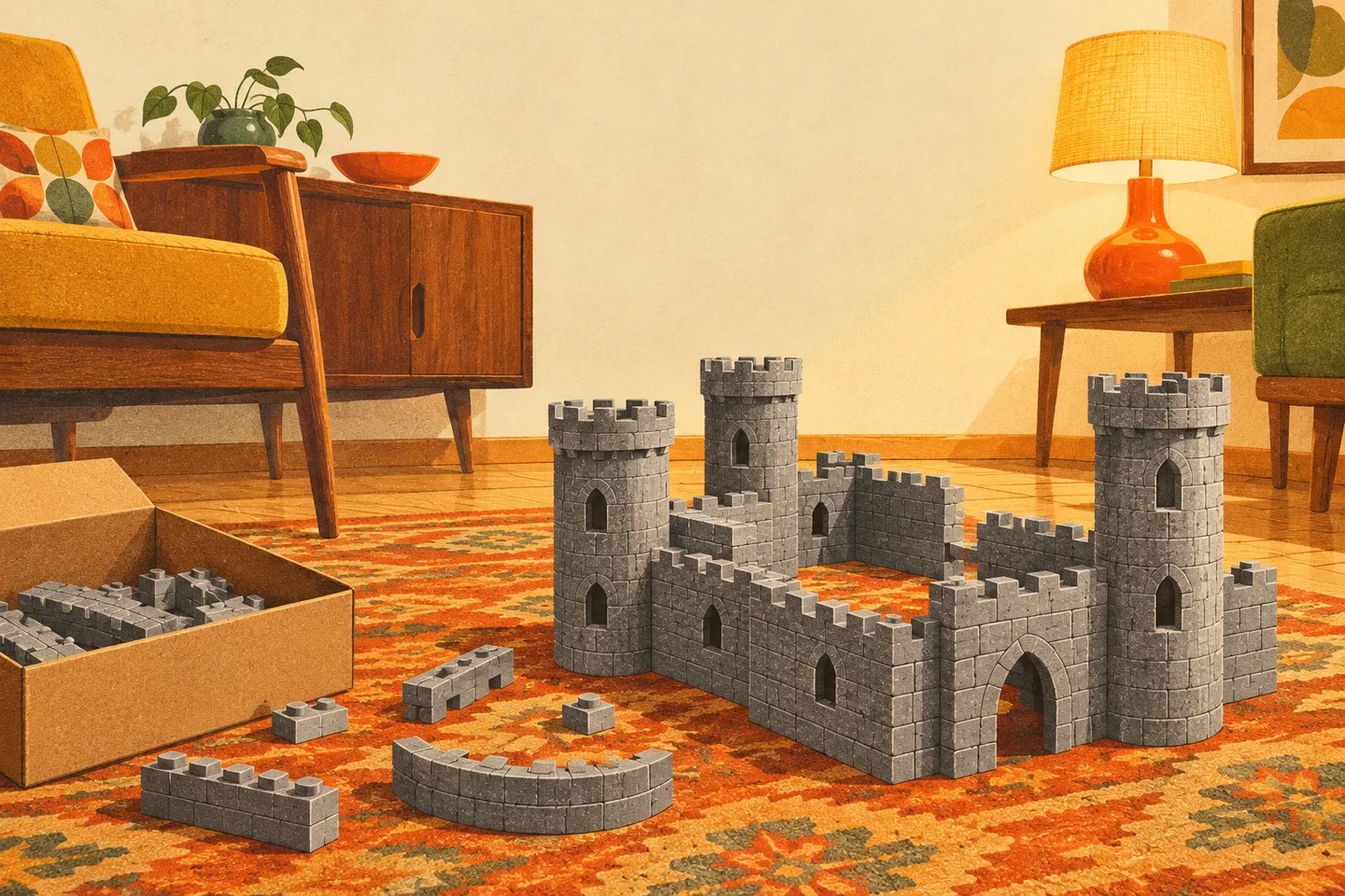 Ilustración de un castillo de bloques grises a medio construir sobre la alfombra de un salón de los años sesenta.