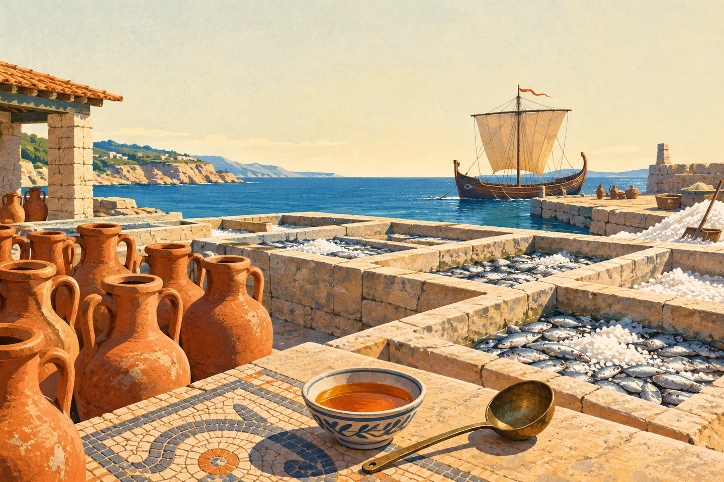 Ilustración de un taller romano de garum, con piletas de pescado y sal, ánforas y un barco junto a la costa.