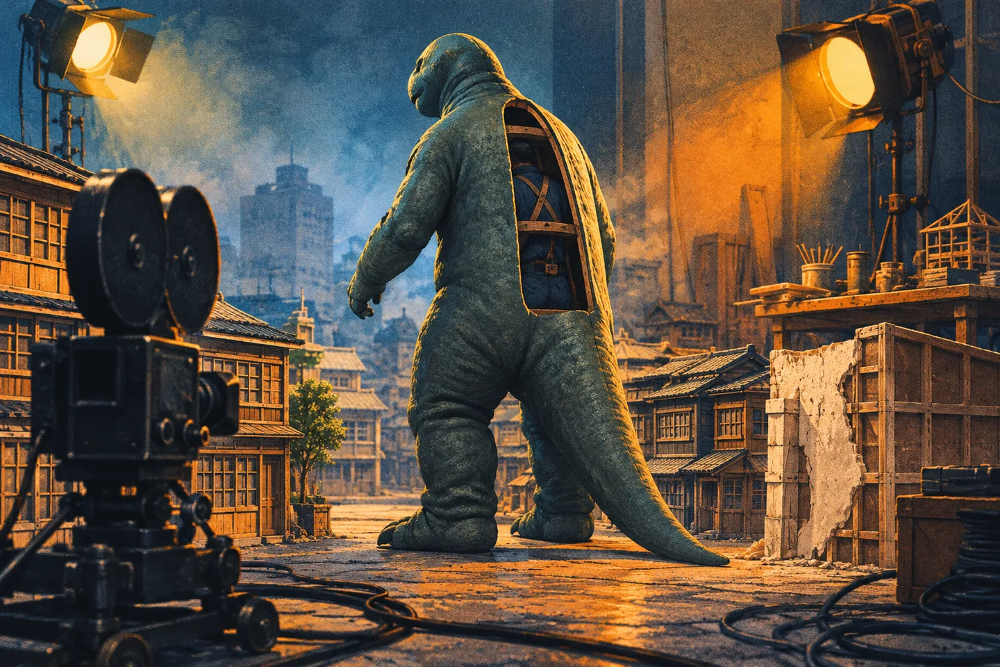 Ilustración de un actor con un traje de reptil entre edificios en miniatura y cámaras de un plató de los años cincuenta.