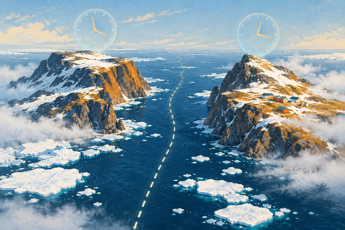 Ilustración de las dos islas Diómedes, con hielo en el canal y una línea simbólica entre relojes de horas distintas.