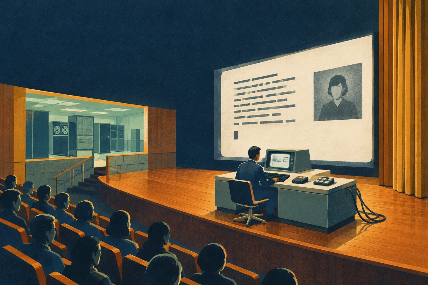 Ilustración de una demostración informática de los años sesenta, con ratón, teclado y una gran pantalla de colaboración remota.