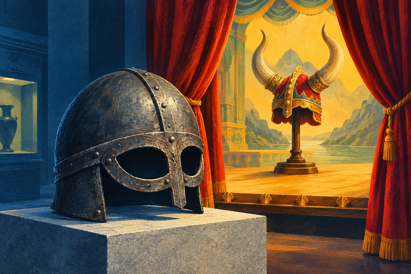 Un casco vikingo sin cuernos en primer plano y otro cornudo de atrezo en un escenario de ópera.