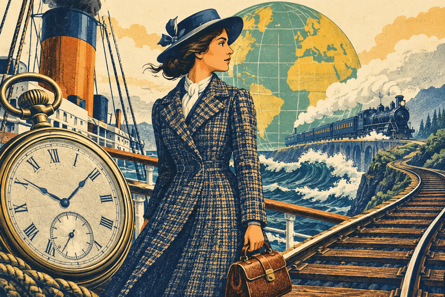 Ilustración de una reportera con una pequeña bolsa, un barco de vapor, un tren y un reloj de bolsillo.