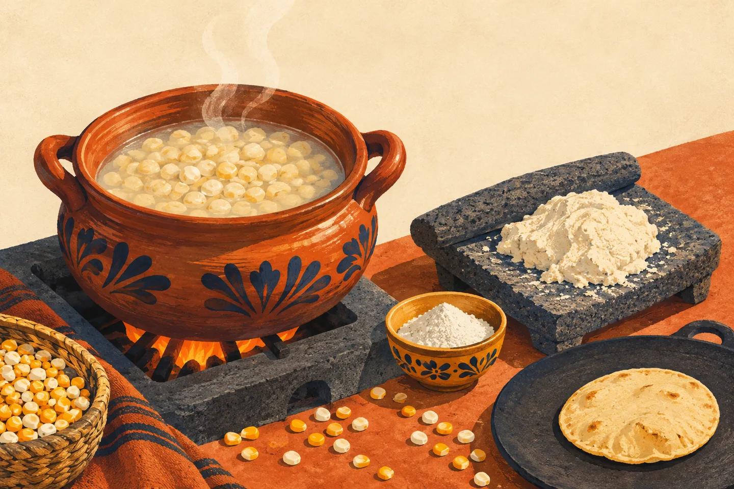 Olla de maíz junto a un metate con masa, un cuenco de cal y una tortilla inflada sobre un comal.