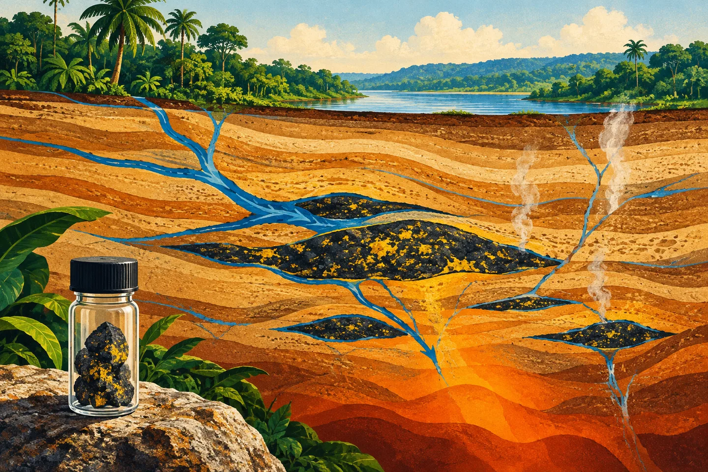 Ilustración en corte de un depósito de uranio en Gabón, con agua entre las rocas y zonas de calor nuclear.