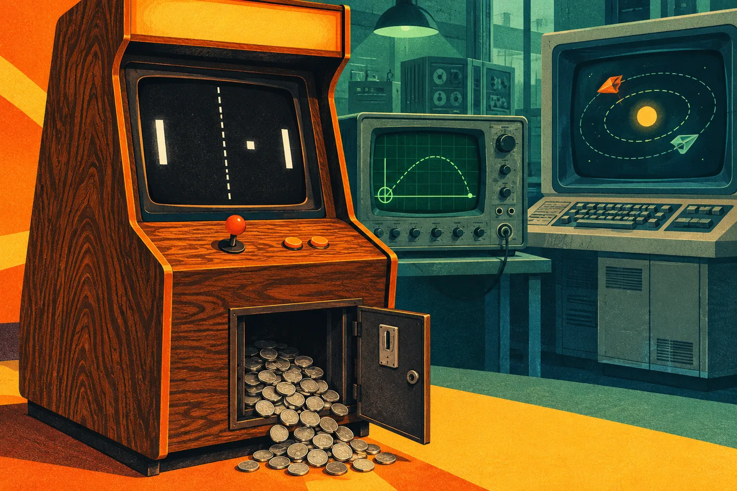 Recreativa con monedas desbordadas junto a un osciloscopio de tenis y un ordenador con naves espaciales.