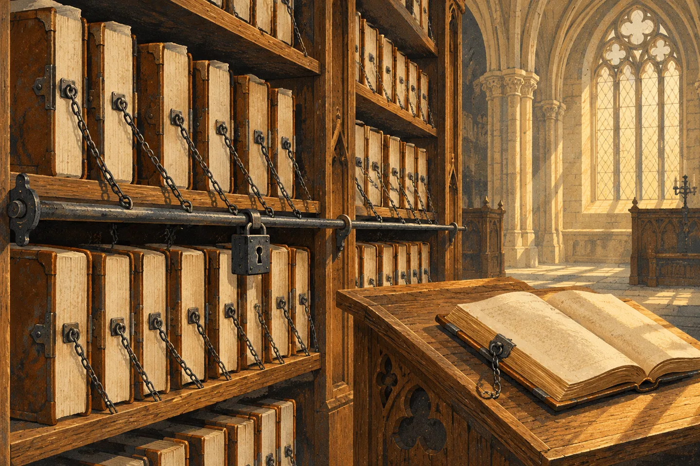 Libros encadenados en una estantería antigua, con las páginas hacia fuera y un volumen abierto sobre un pupitre.