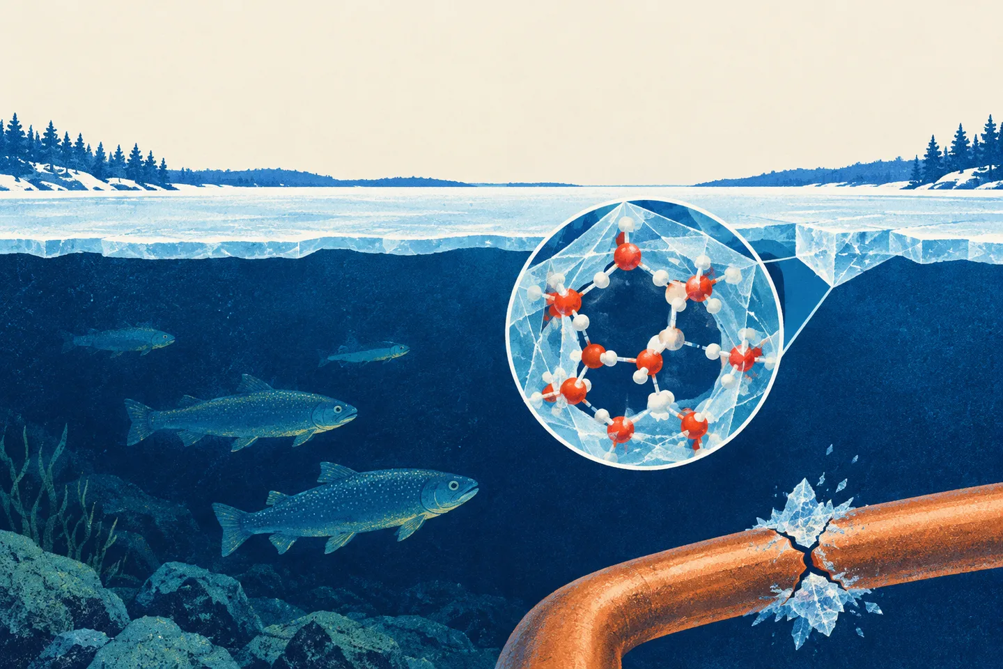 Lago helado con peces bajo la superficie, una red molecular de hielo ampliada y una tubería agrietada.