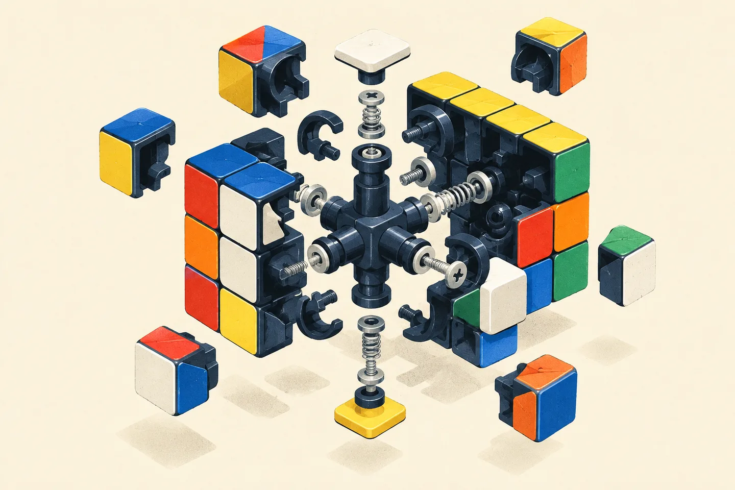 Ilustración de un cubo de Rubik parcialmente desmontado que muestra el núcleo y los encajes interiores de sus piezas.