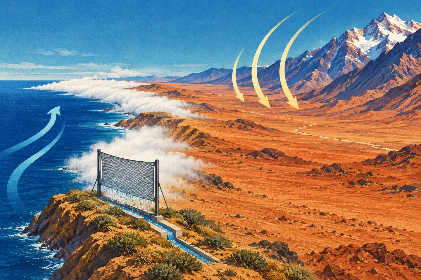 Ilustración de Atacama entre el Pacífico con niebla costera y los Andes, con una malla que recoge gotas de agua.