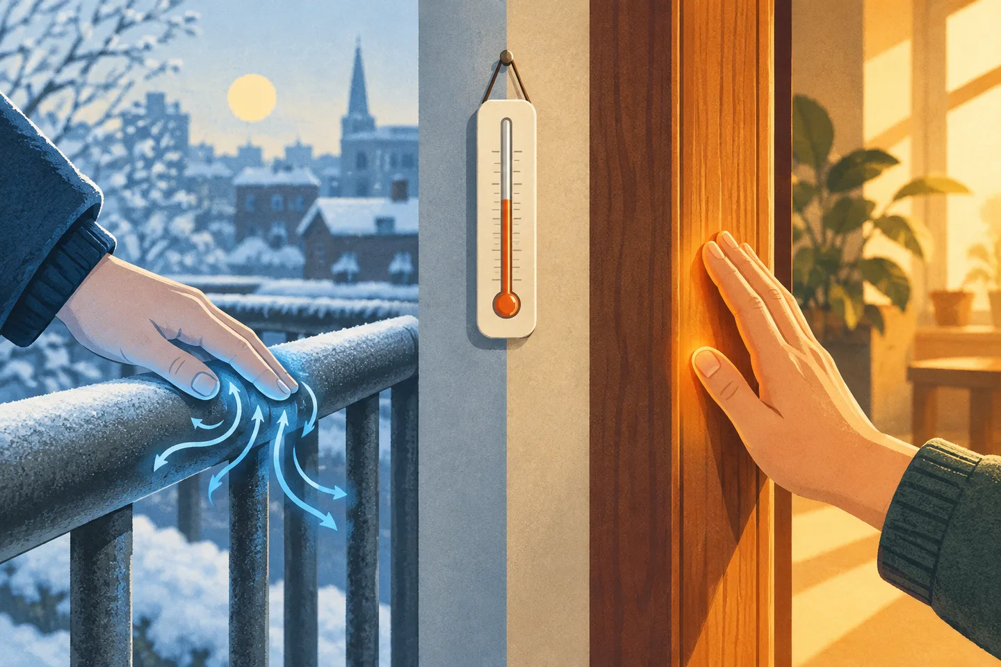 Ilustración de una mano tocando una barandilla metálica que absorbe su calor y un marco de madera que apenas lo hace, con un termómetro que marca lo mismo en ambos.