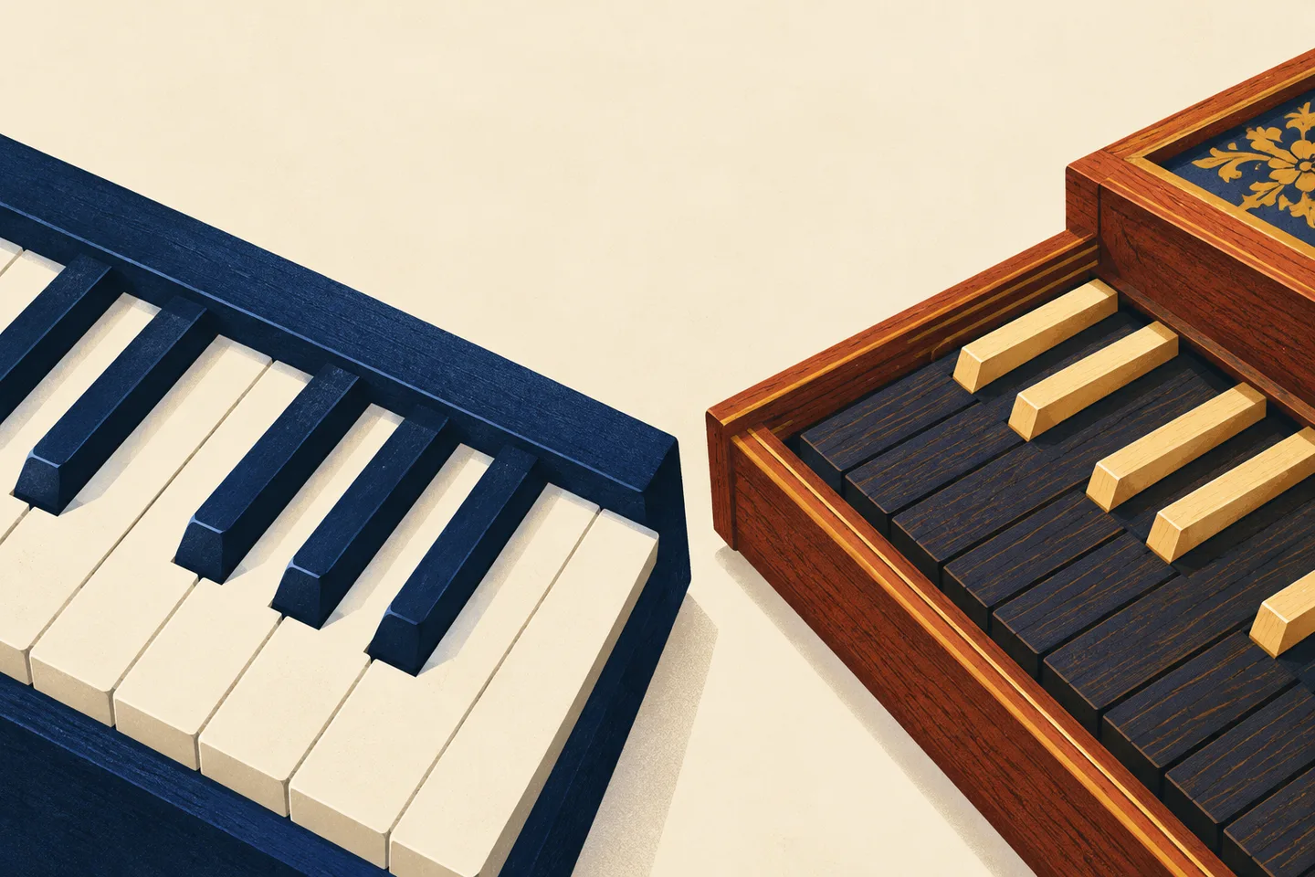 Un teclado de piano moderno junto a uno antiguo con los colores de las teclas invertidos.