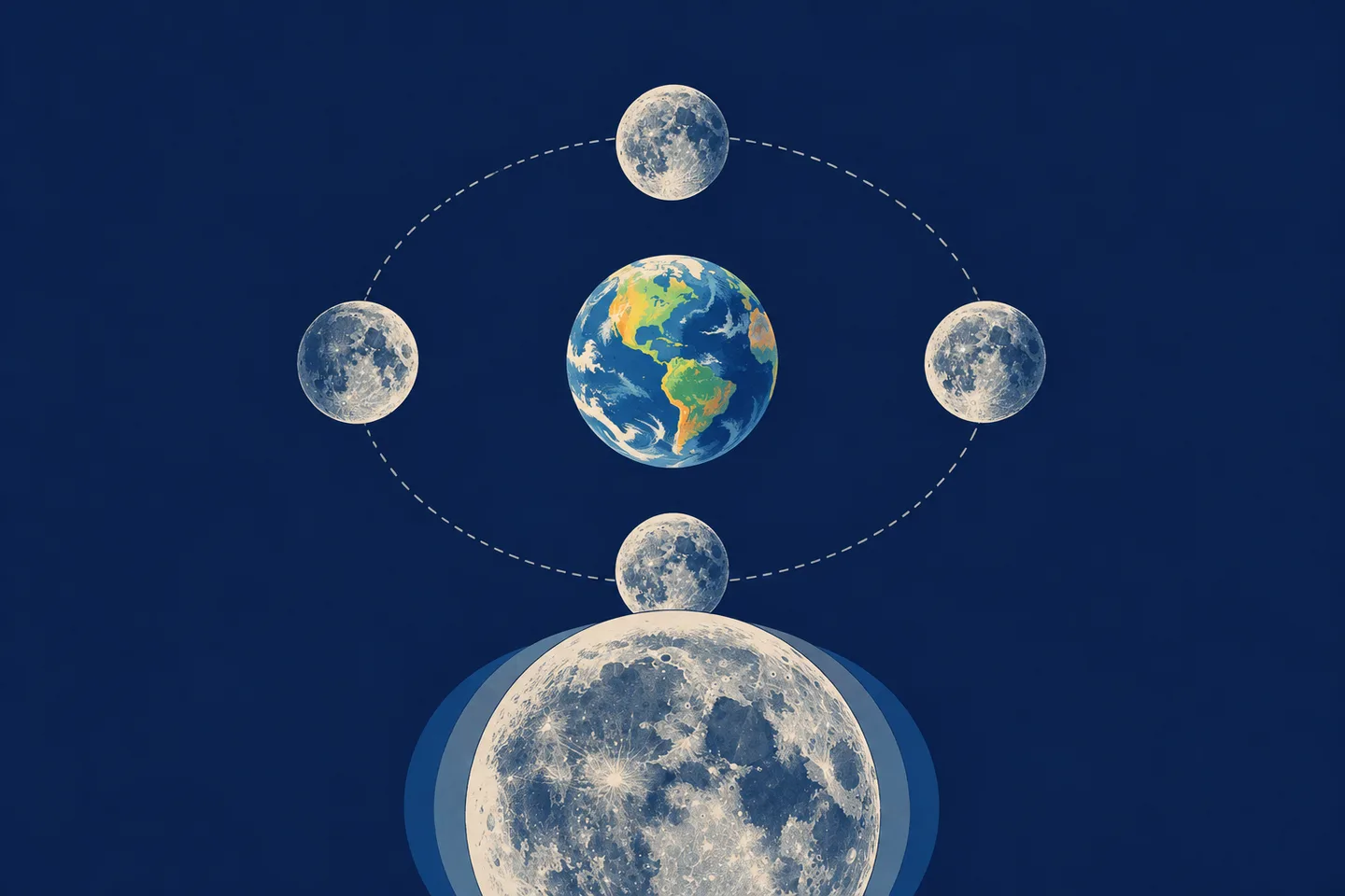 La Tierra rodeada por cuatro posiciones de la Luna, con la misma cara lunar orientada siempre hacia nuestro planeta.