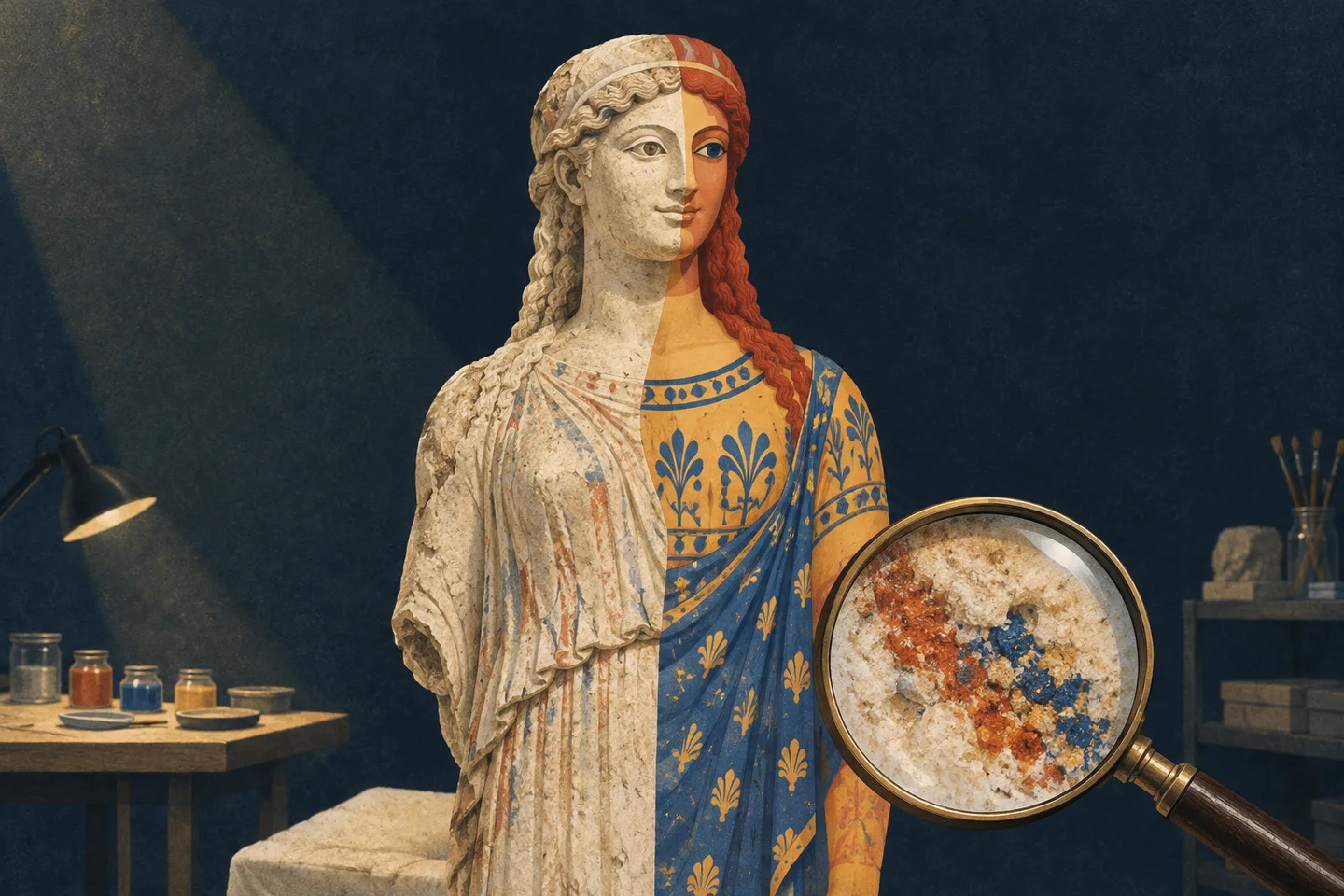Ilustración de una estatua griega que combina mármol blanco y una reconstrucción parcial de sus colores.