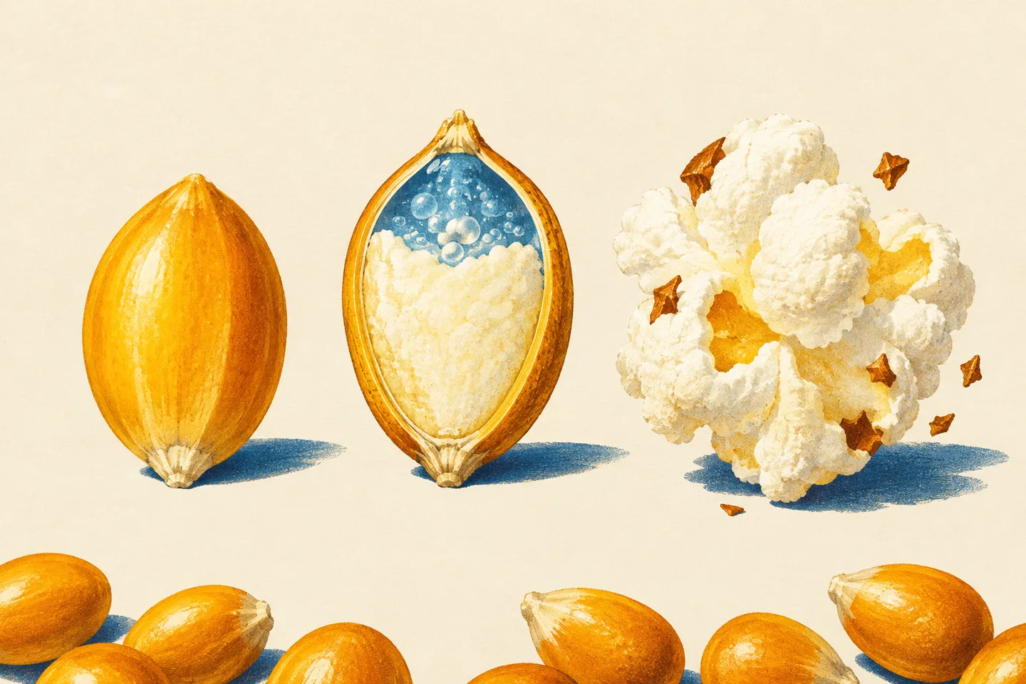 Ilustración de un grano de maíz cerrado, su interior a presión y una palomita expandida.
