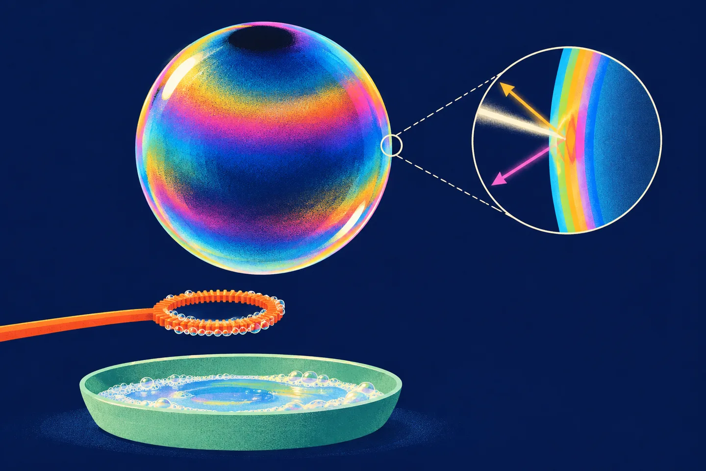 Pompa con bandas de colores y una ampliación de su película que muestra los dos reflejos de la luz.