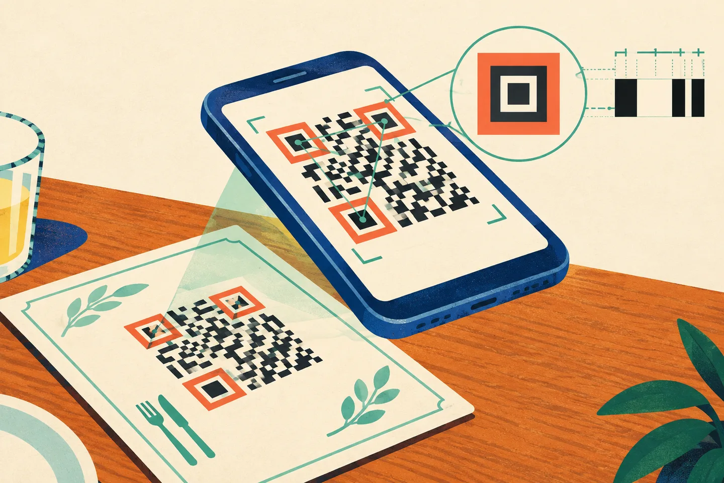 Ilustración de un móvil ante un QR, con sus tres marcas de posición resaltadas y una de ellas ampliada.