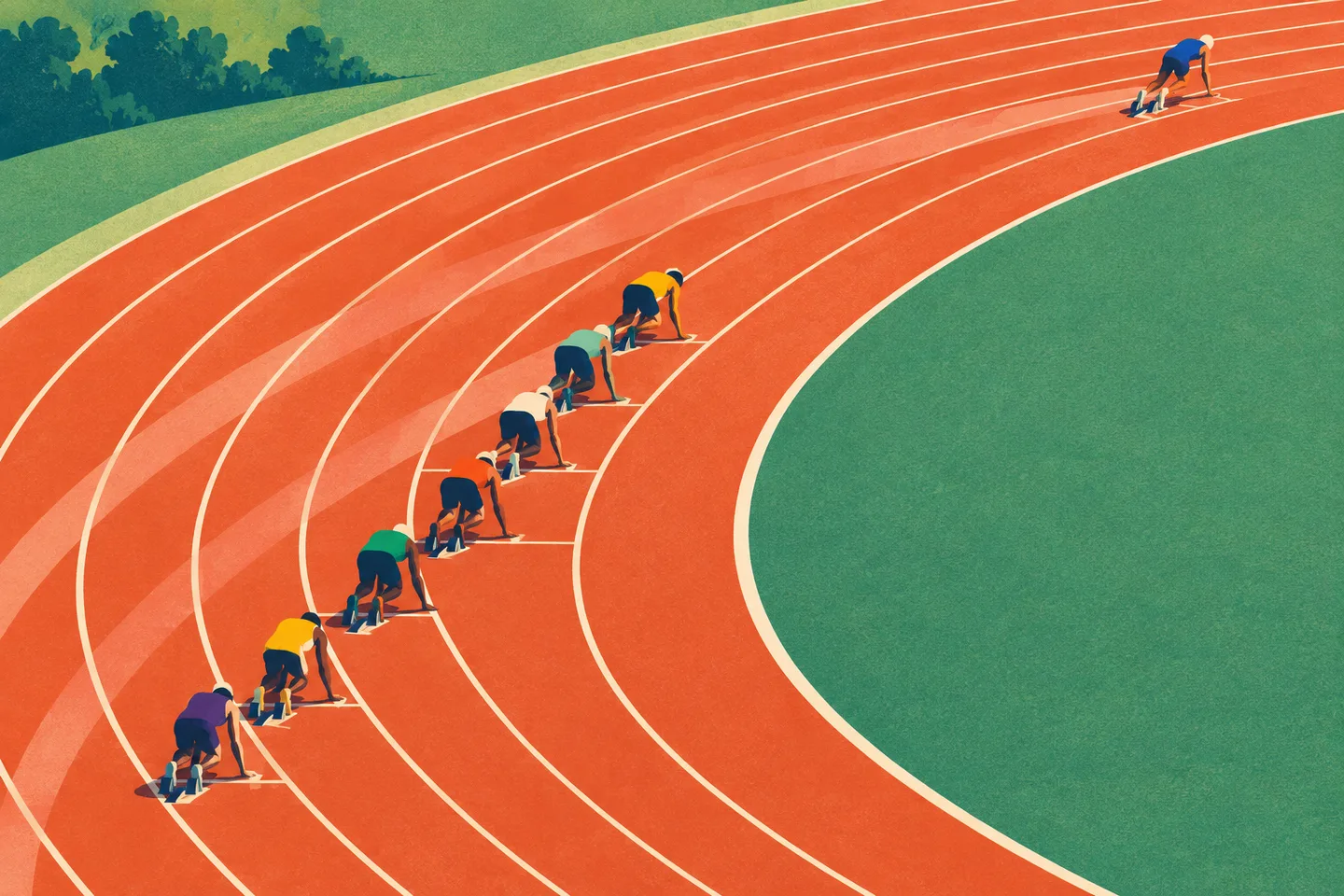 Ilustración de ocho velocistas en salidas escalonadas sobre la curva de una pista de atletismo.