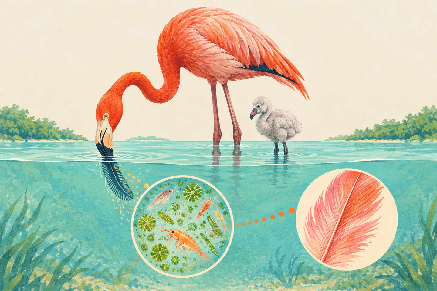 Un flamenco rosa y su polluelo gris junto a una ilustración de algas, crustáceos y una pluma en crecimiento.