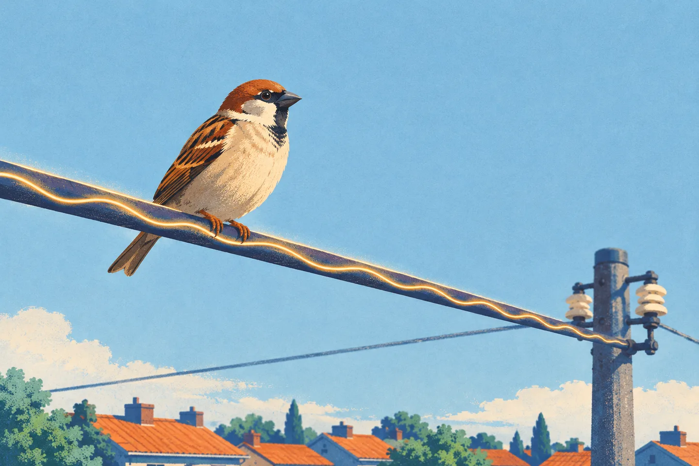 Un gorrión con las dos patas sobre un cable, separado de otro conductor y de un poste con aisladores.