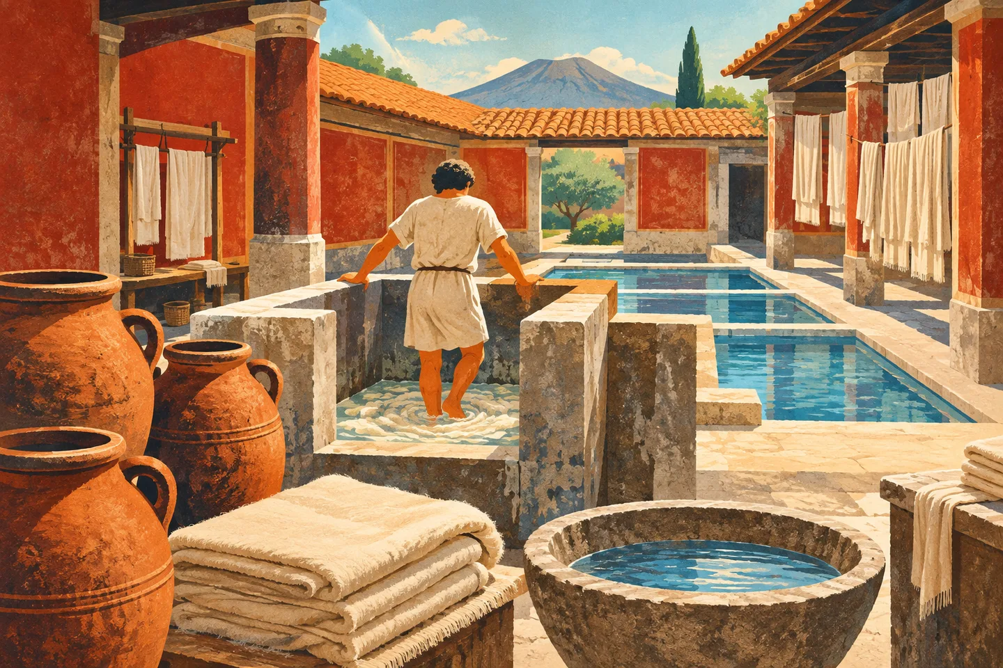 Ilustración de un taller romano con un batanero pisando tejidos, tinajas de recogida y pilas de aclarado.